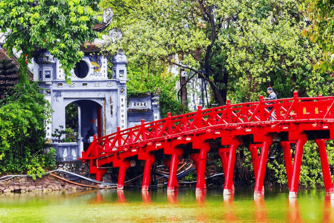 The iconic red bridge at Hoan Kiem Lake in Hanoi, Vietnam