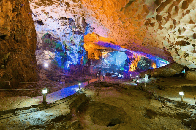 inside the thien cung cave at halong bay in vietnam