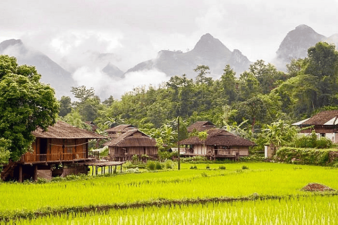 "Du Gia Village in Ha Giang with traditional stilt houses and lush rice fields."