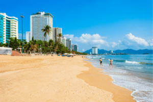 "Panoramic view of Nha Trang Beach with palm trees and luxury resorts."