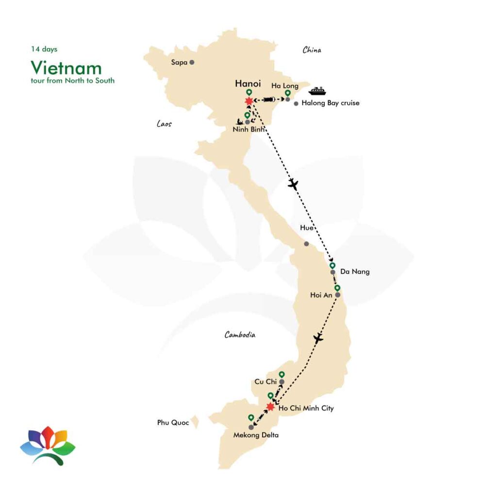 Map Vietnam tour north to south 14-days